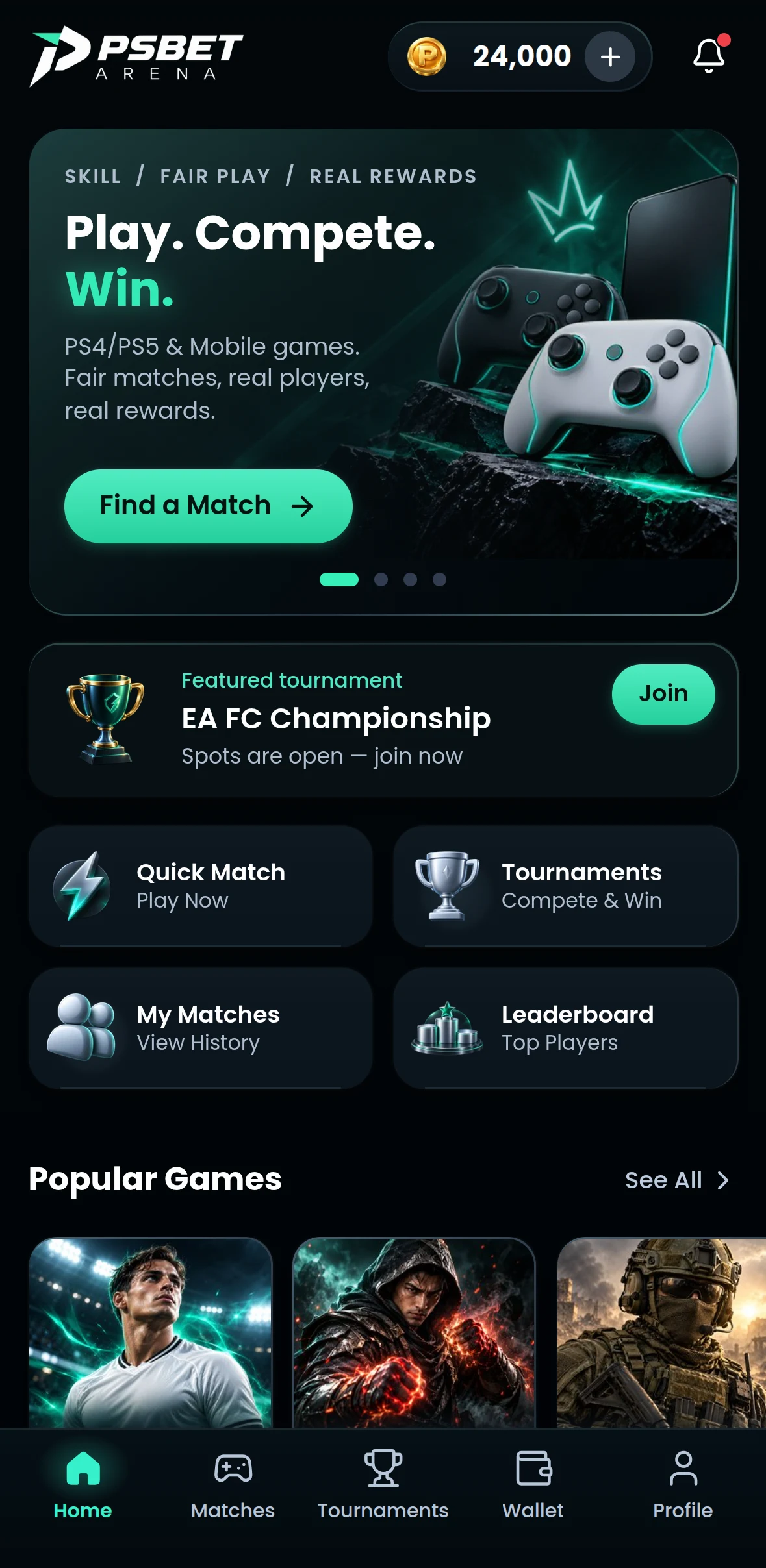 The PSBET Arena app home screen